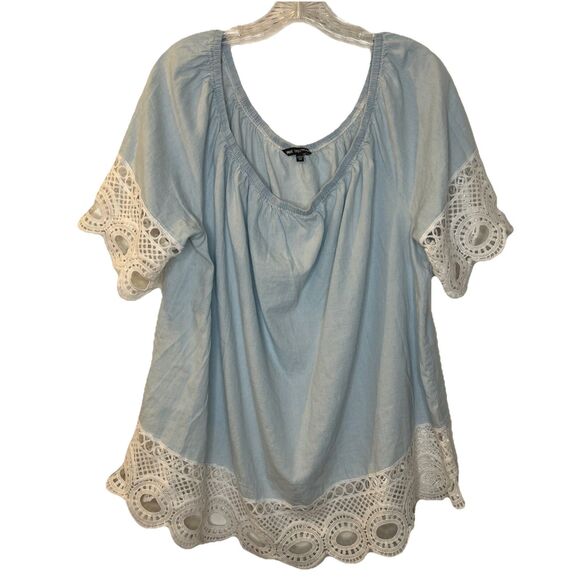 Unique Spectrum Tops - Unique Spectrum Top Womens 2X Plus Size Light Blue Lace Trim Boho Artsy